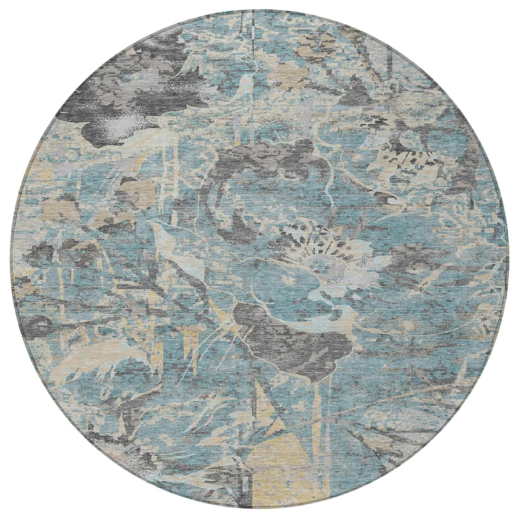 8' Teal Blue And Silver Round Floral Washable Indoor Outdoor Area Rug Homeroots Outdoor