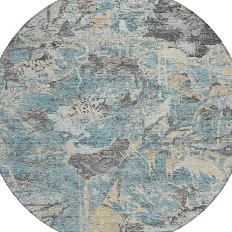 8' Teal Blue And Silver Round Floral Washable Indoor Outdoor Area Rug Homeroots Outdoor
