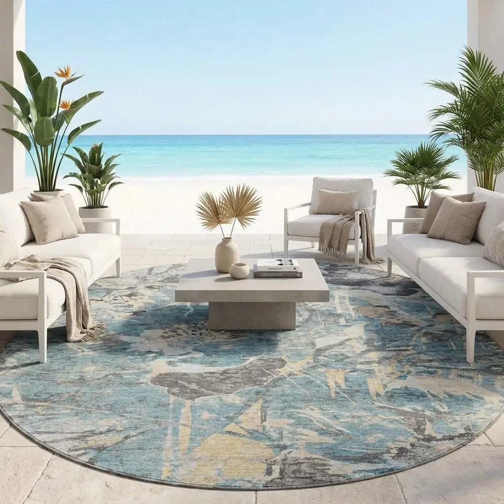 8' Teal Blue And Silver Round Floral Washable Indoor Outdoor Area Rug Homeroots Outdoor