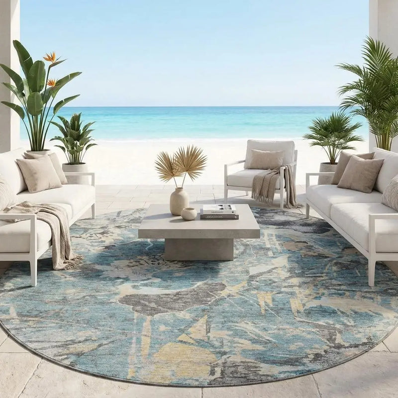 8' Teal Blue And Silver Round Floral Washable Indoor Outdoor Area Rug Homeroots Outdoor