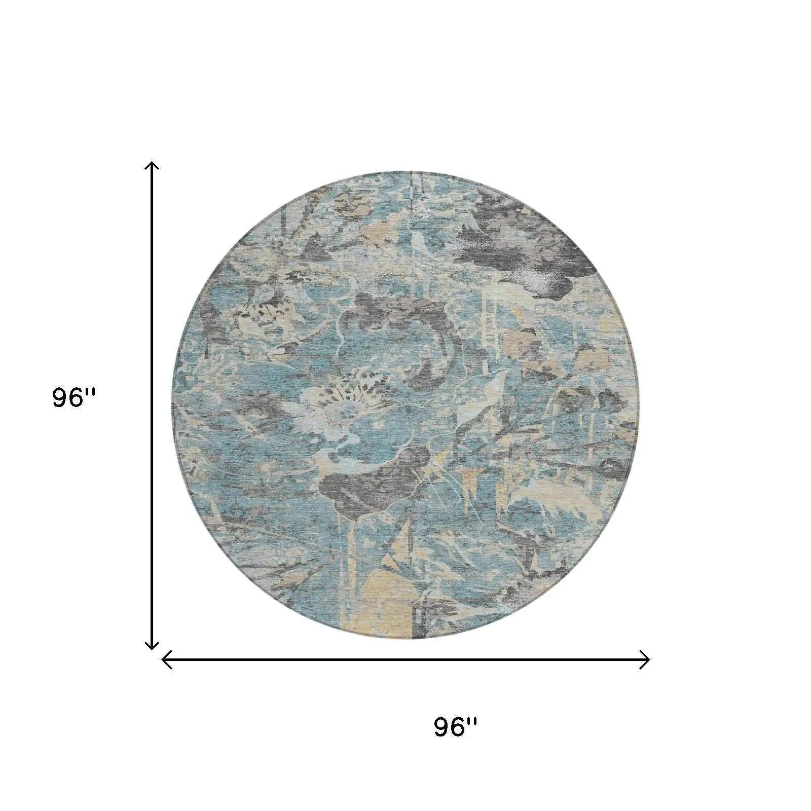 8' Teal Blue And Silver Round Floral Washable Indoor Outdoor Area Rug Homeroots Outdoor