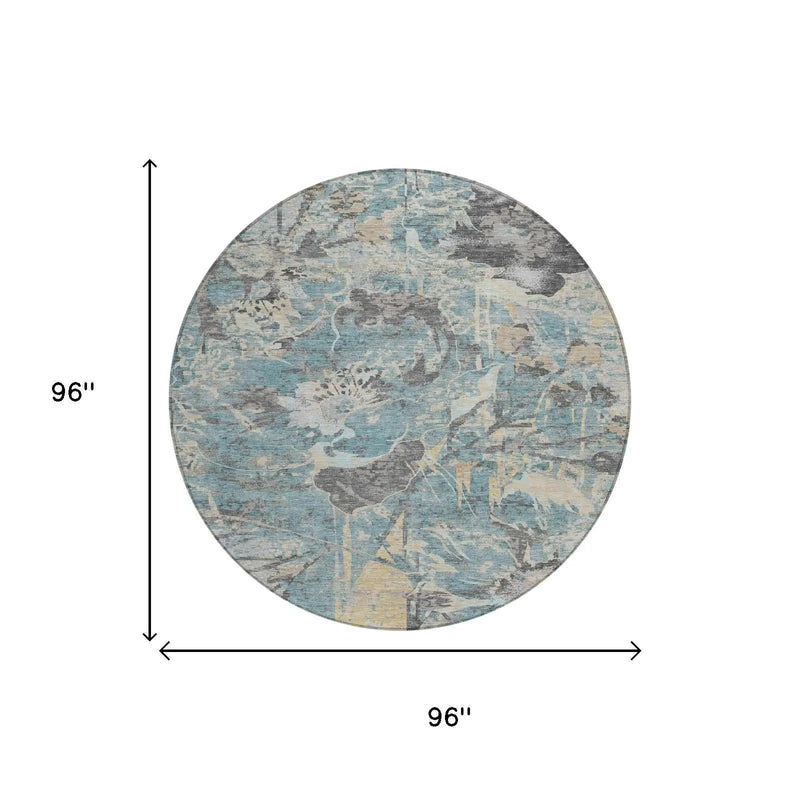 8' Teal Blue And Silver Round Floral Washable Indoor Outdoor Area Rug Homeroots Outdoor