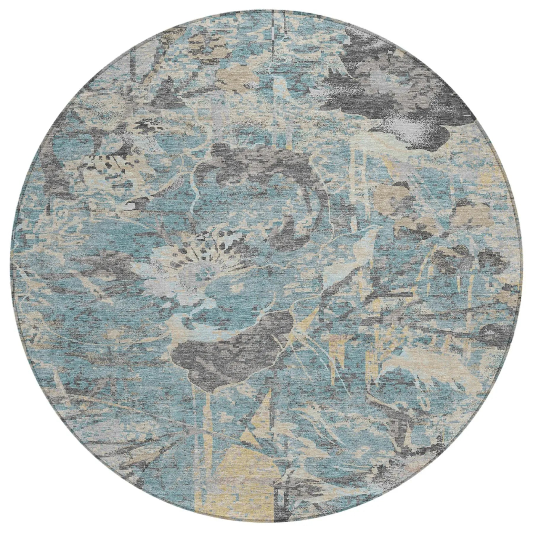 8' Teal Blue And Silver Round Floral Washable Indoor Outdoor Area Rug Homeroots Outdoor