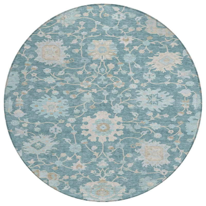 8' Teal Blue And Silver Round Floral Washable Indoor Outdoor Area Rug Homeroots Outdoor