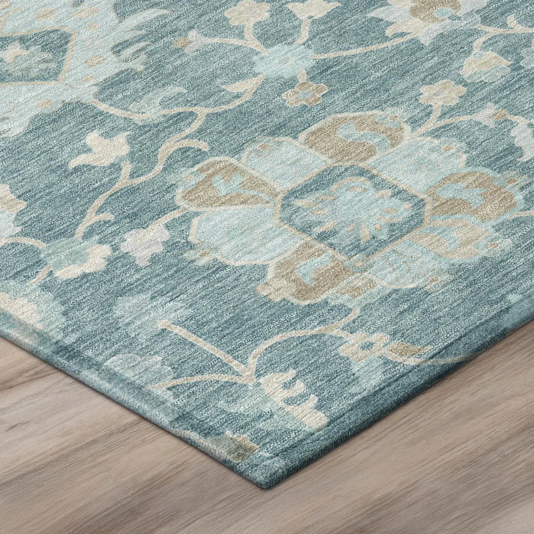 8' Teal Blue And Silver Round Floral Washable Indoor Outdoor Area Rug Homeroots Outdoor