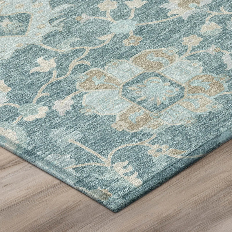 8' Teal Blue And Silver Round Floral Washable Indoor Outdoor Area Rug Homeroots Outdoor
