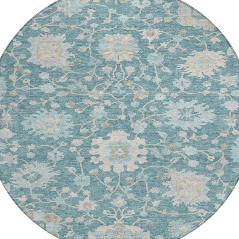 8' Teal Blue And Silver Round Floral Washable Indoor Outdoor Area Rug Homeroots Outdoor