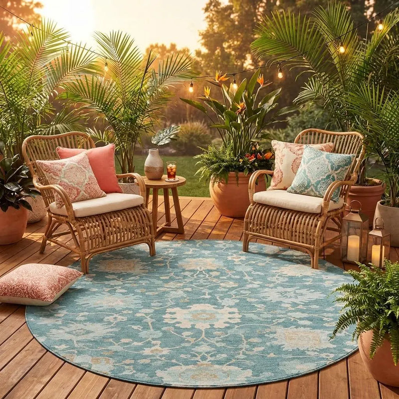 8' Teal Blue And Silver Round Floral Washable Indoor Outdoor Area Rug Homeroots Outdoor
