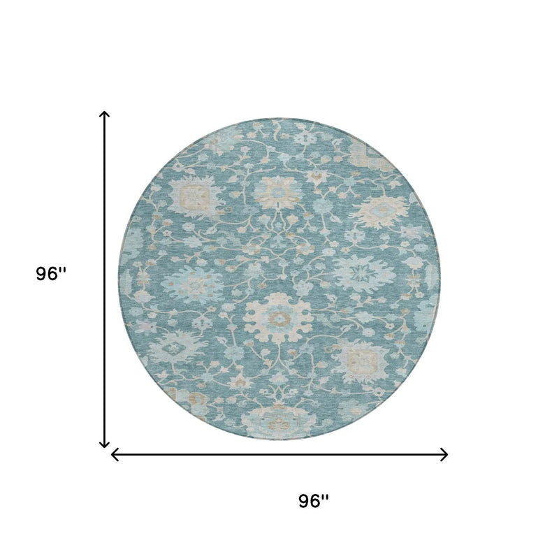 8' Teal Blue And Silver Round Floral Washable Indoor Outdoor Area Rug Homeroots Outdoor