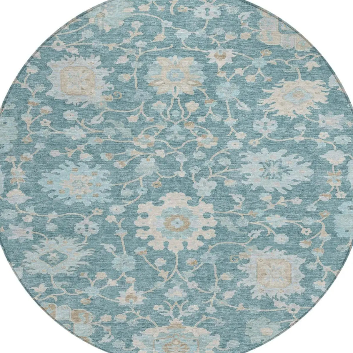 8' Teal Blue And Silver Round Floral Washable Indoor Outdoor Area Rug Homeroots Outdoor