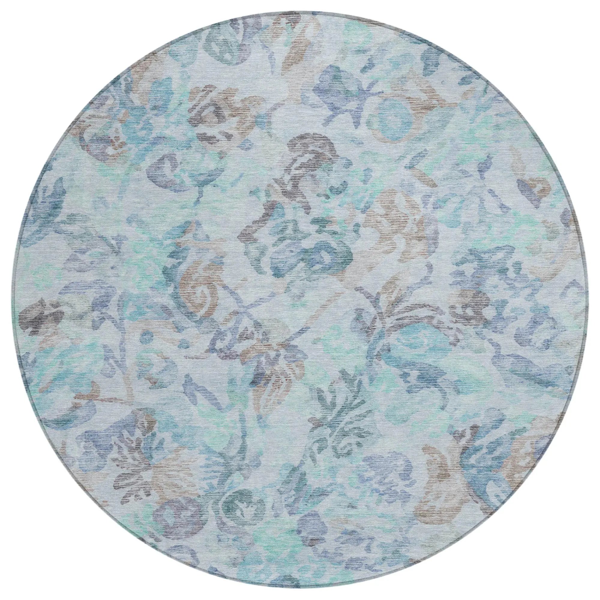 8' Teal Blue And Silver Round Floral Washable Indoor Outdoor Area Rug Homeroots Outdoor
