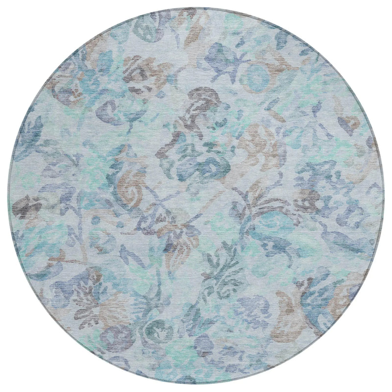 8' Teal Blue And Silver Round Floral Washable Indoor Outdoor Area Rug Homeroots Outdoor