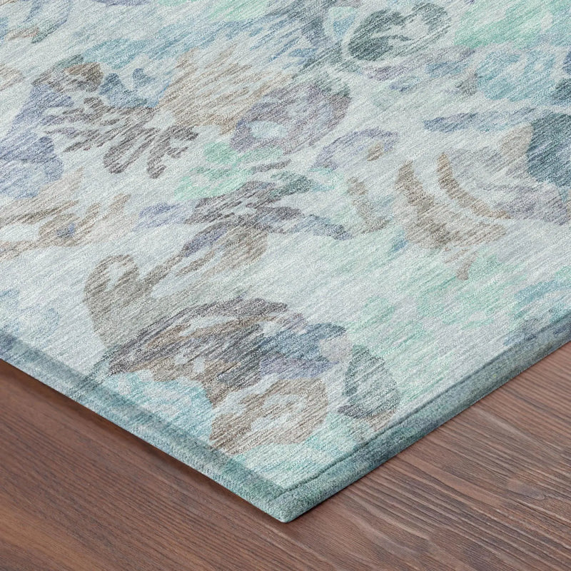 8' Teal Blue And Silver Round Floral Washable Indoor Outdoor Area Rug Homeroots Outdoor