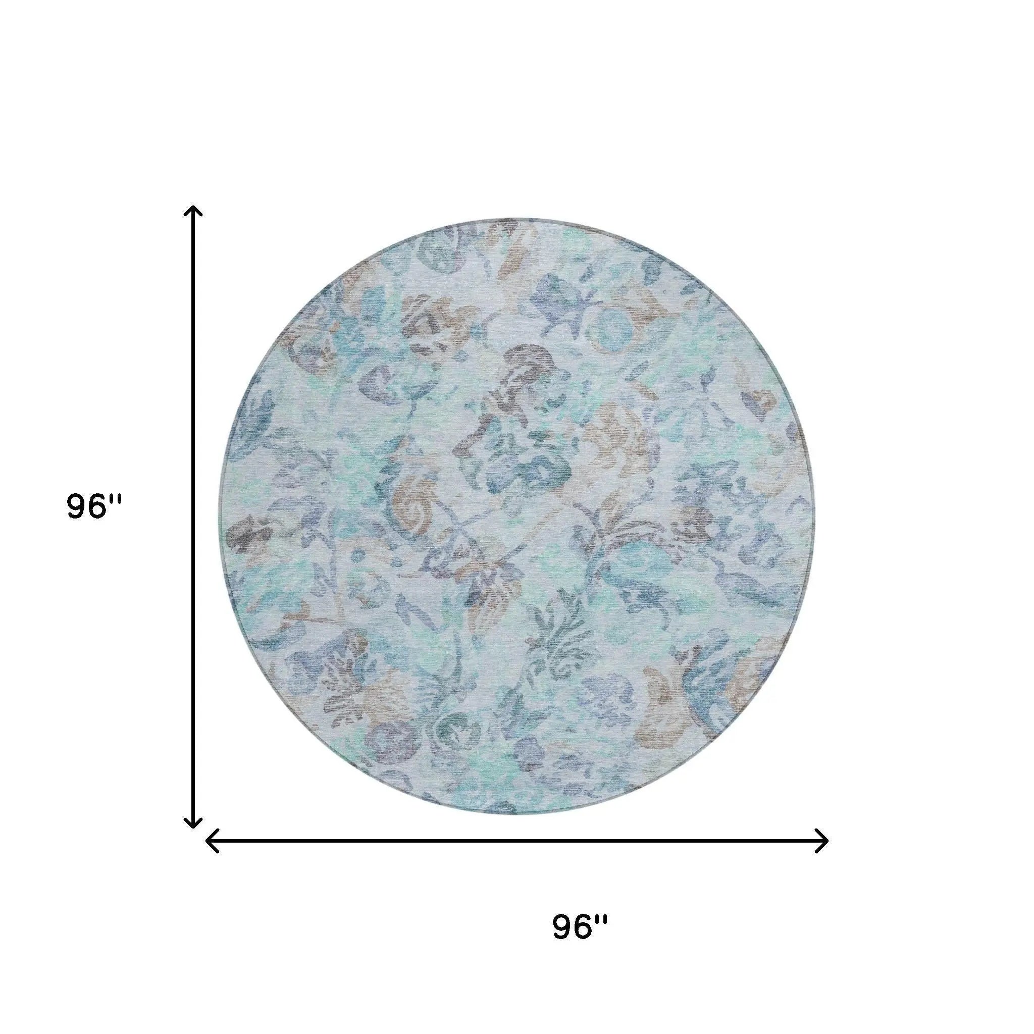 8' Teal Blue And Silver Round Floral Washable Indoor Outdoor Area Rug Homeroots Outdoor