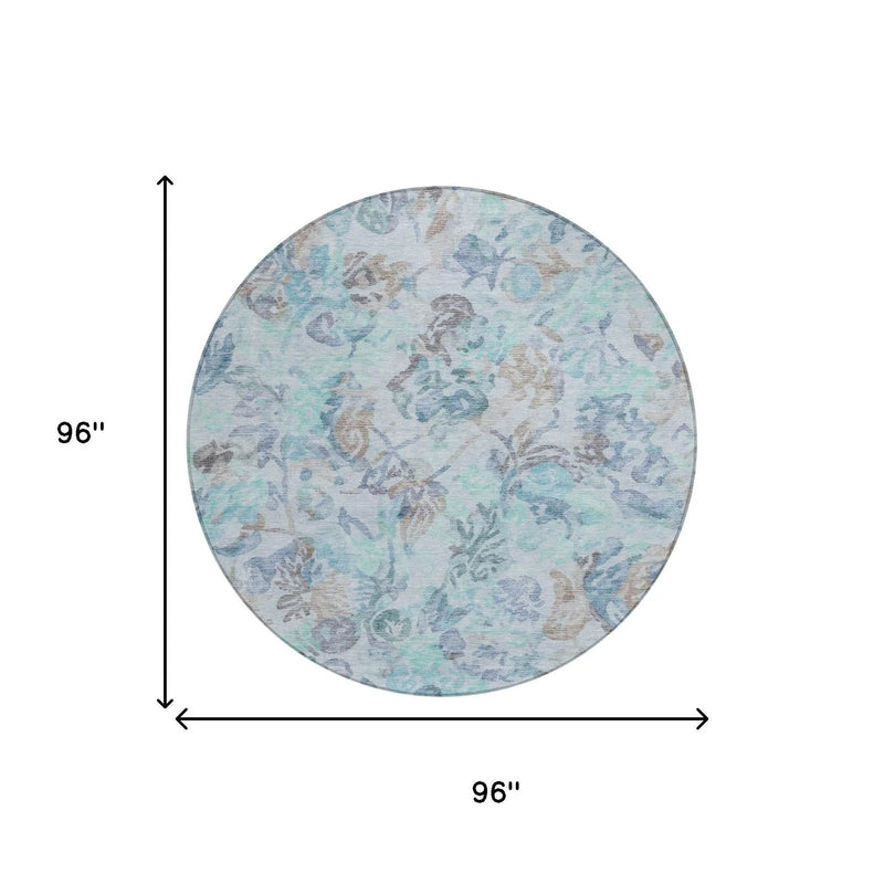 8' Teal Blue And Silver Round Floral Washable Indoor Outdoor Area Rug Homeroots Outdoor