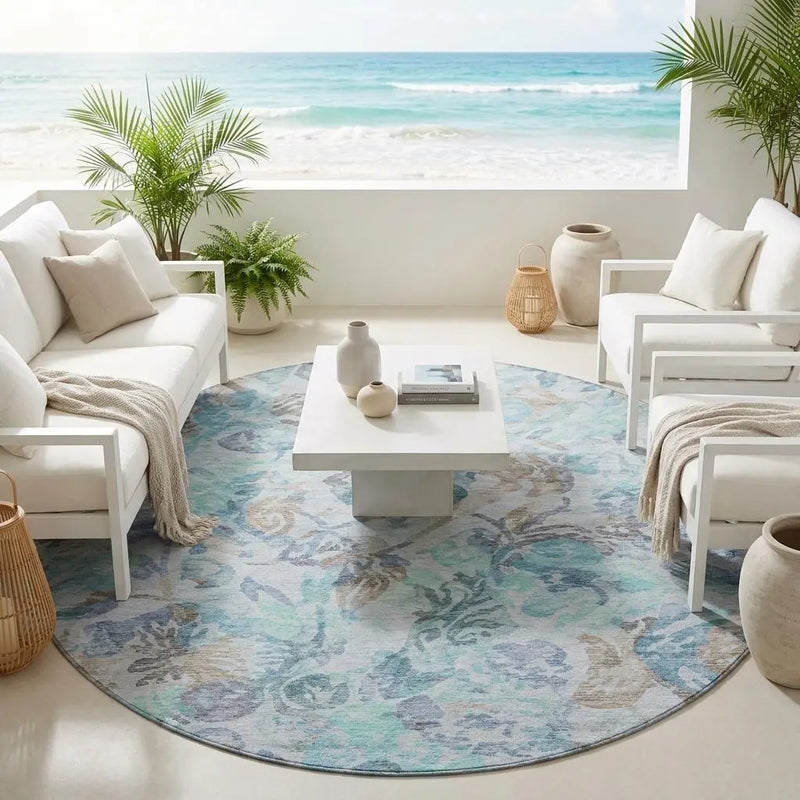 8' Teal Blue And Silver Round Floral Washable Indoor Outdoor Area Rug Homeroots Outdoor