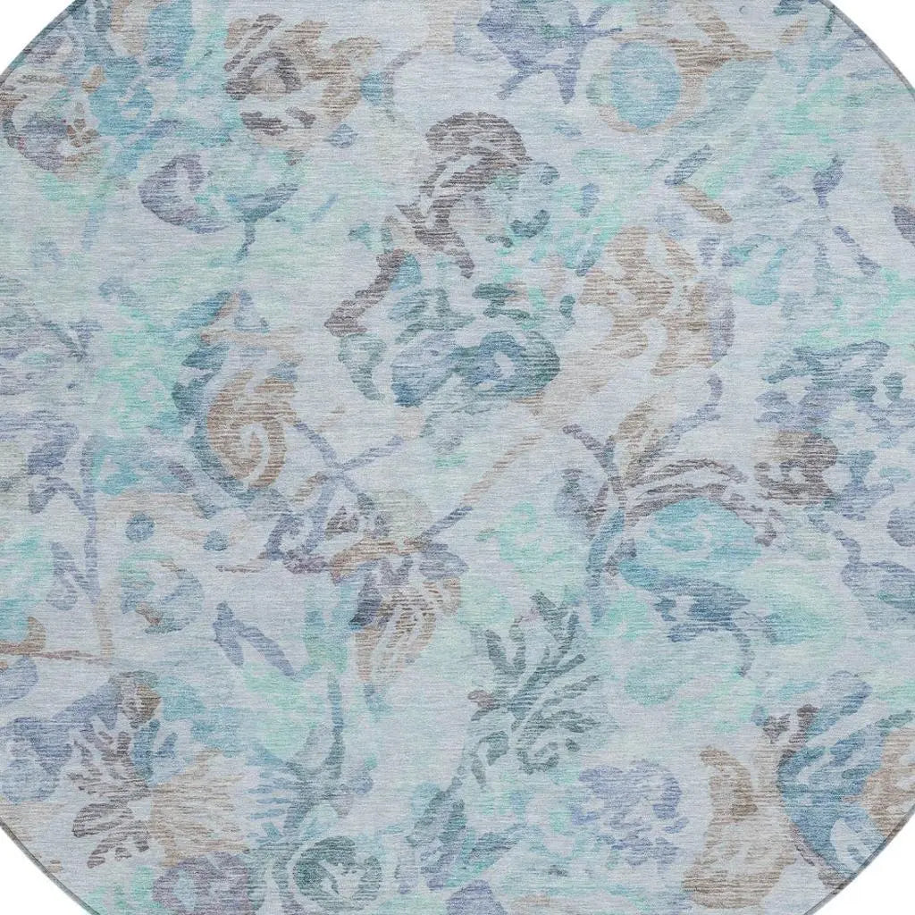 8' Teal Blue And Silver Round Floral Washable Indoor Outdoor Area Rug Homeroots Outdoor