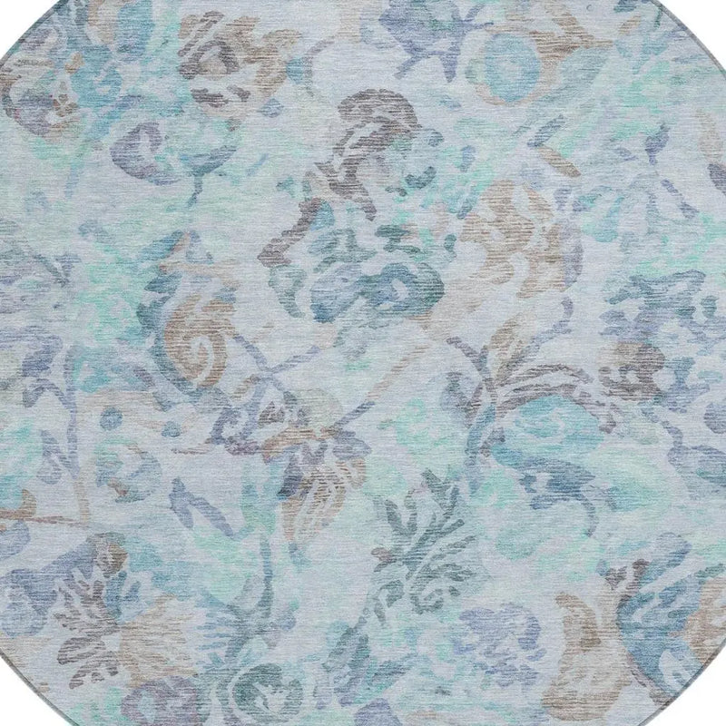 8' Teal Blue And Silver Round Floral Washable Indoor Outdoor Area Rug Homeroots Outdoor