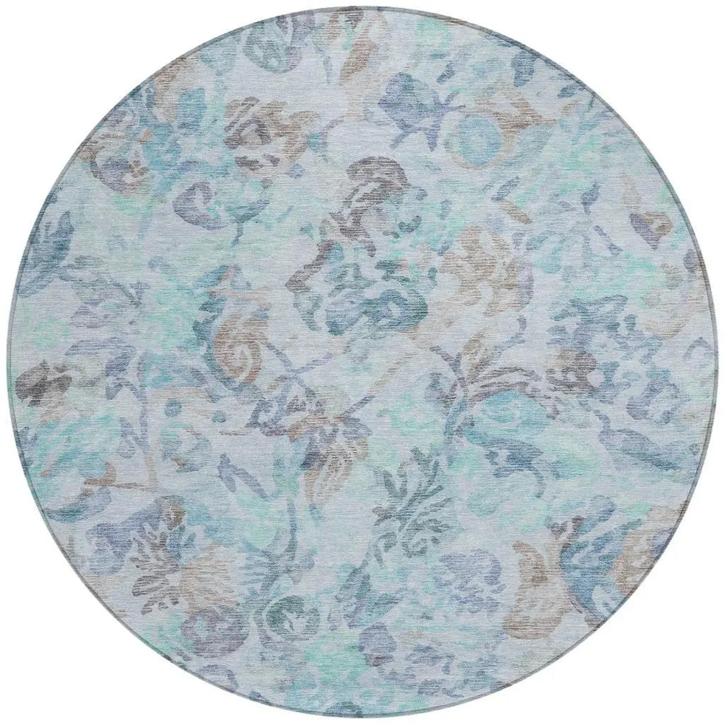 8' Teal Blue And Silver Round Floral Washable Indoor Outdoor Area Rug Homeroots Outdoor
