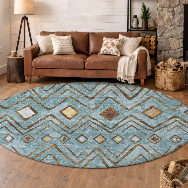 8' Teal Blue And Silver Round Geometric Washable Indoor Outdoor Area Rug Homeroots Outdoor