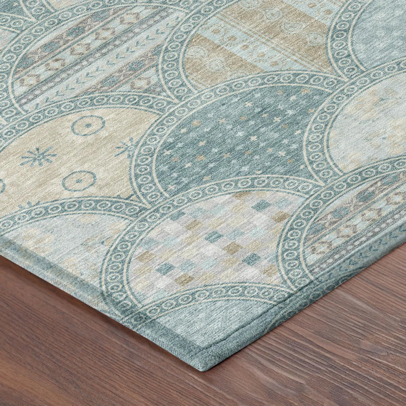8' Teal Blue And Silver Round Geometric Washable Indoor Outdoor Area Rug Homeroots Outdoor