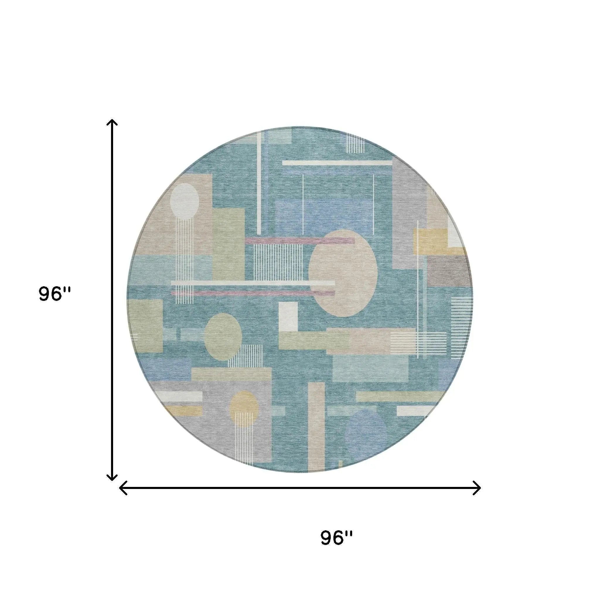 8' Teal Blue And Silver Round Geometric Washable Indoor Outdoor Area Rug Homeroots Outdoor