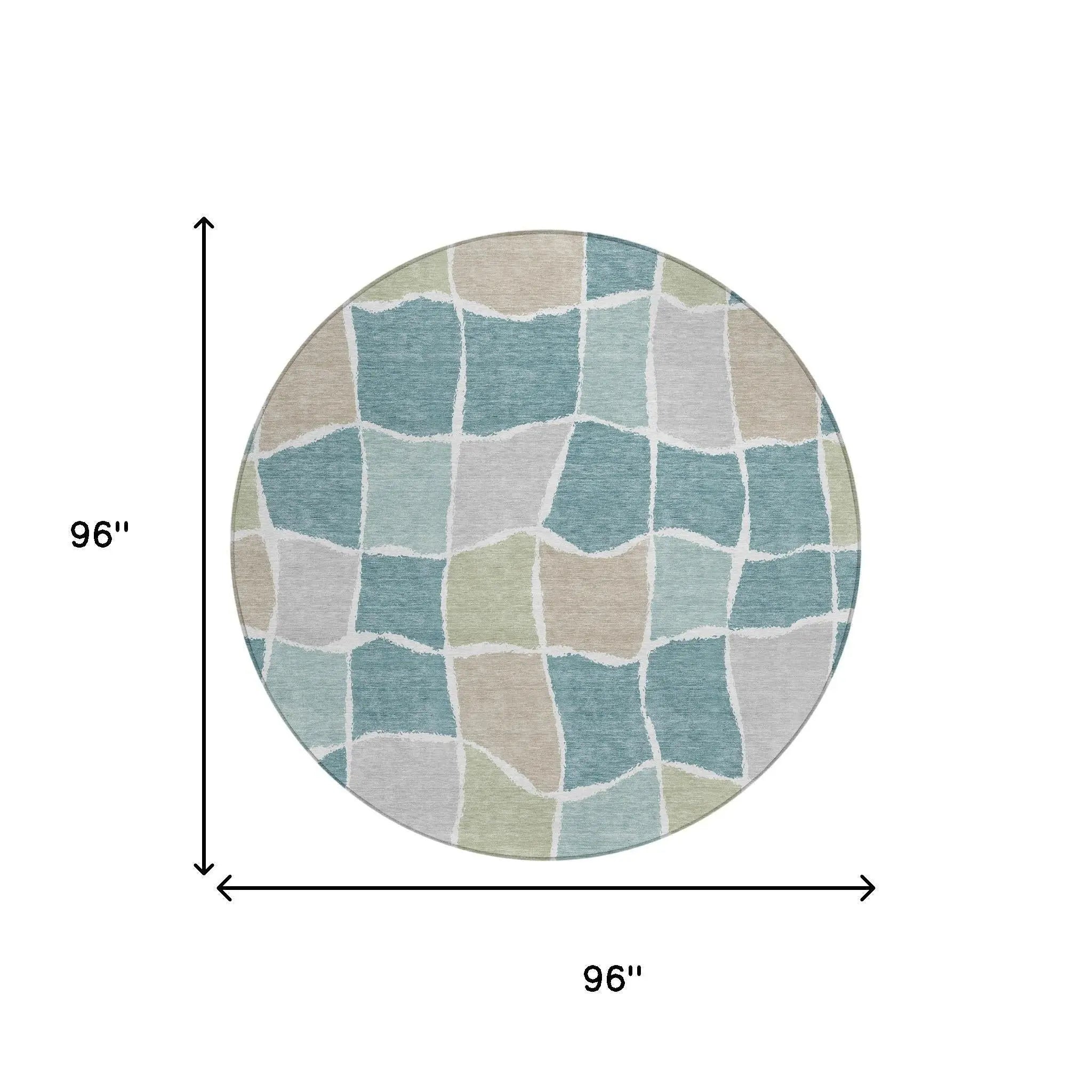 8' Teal Blue And Silver Round Geometric Washable Indoor Outdoor Area Rug Homeroots Outdoor