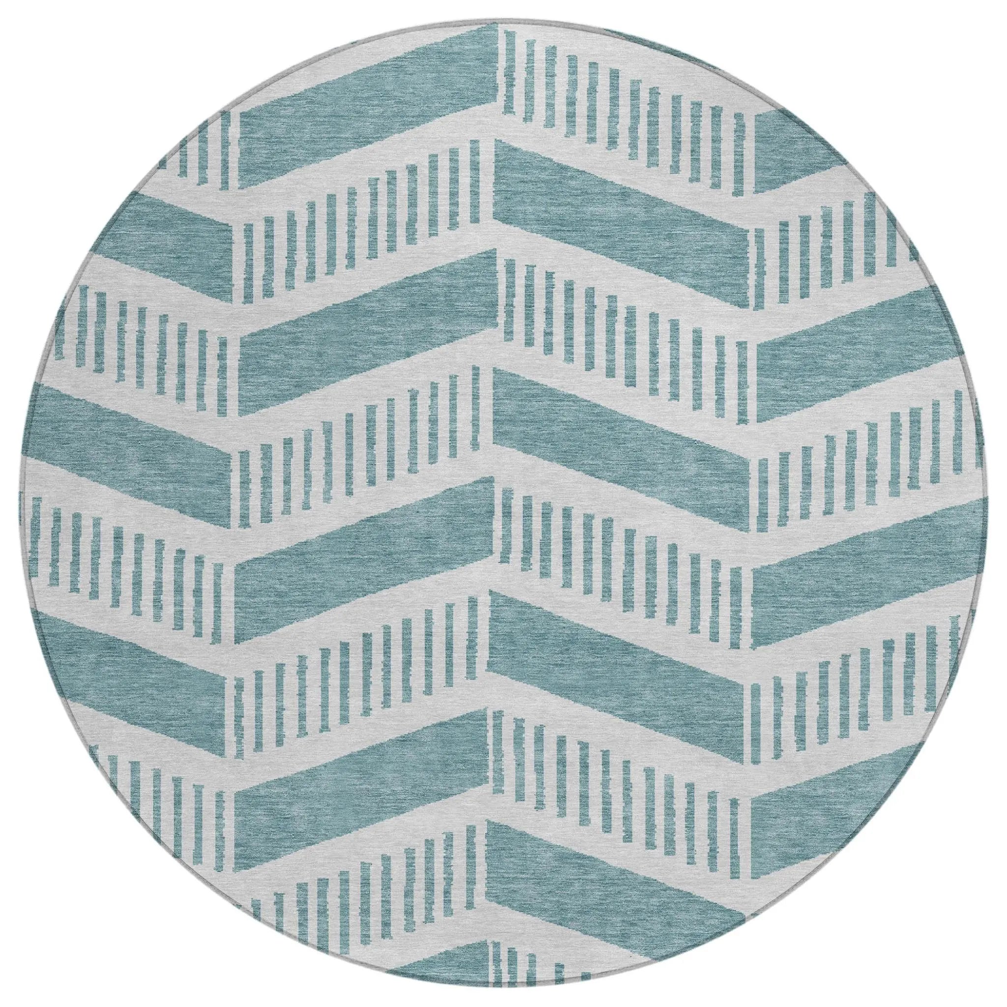 8' Teal Blue And Silver Round Geometric Washable Indoor Outdoor Area Rug Homeroots Outdoor