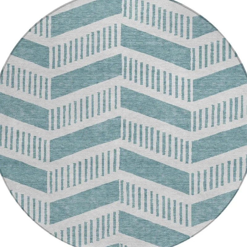 8' Teal Blue And Silver Round Geometric Washable Indoor Outdoor Area Rug Homeroots Outdoor