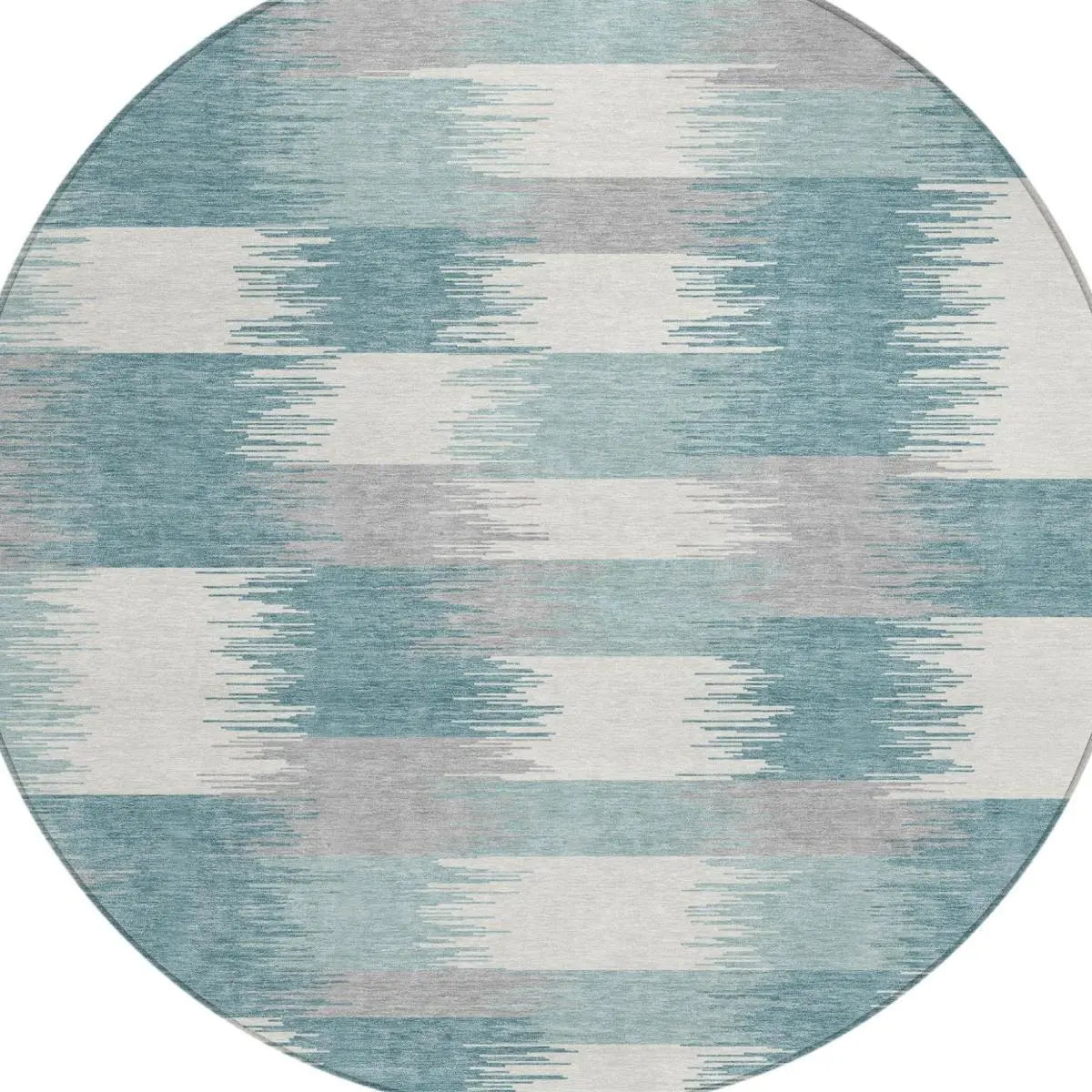 8' Teal Blue And Silver Round Geometric Washable Indoor Outdoor Area Rug Homeroots Outdoor