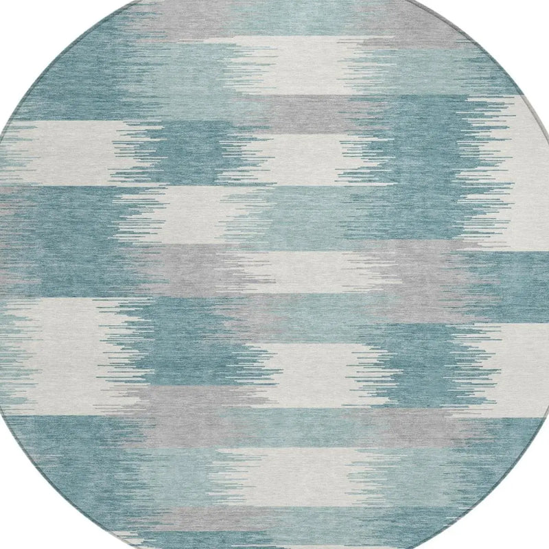 8' Teal Blue And Silver Round Geometric Washable Indoor Outdoor Area Rug Homeroots Outdoor