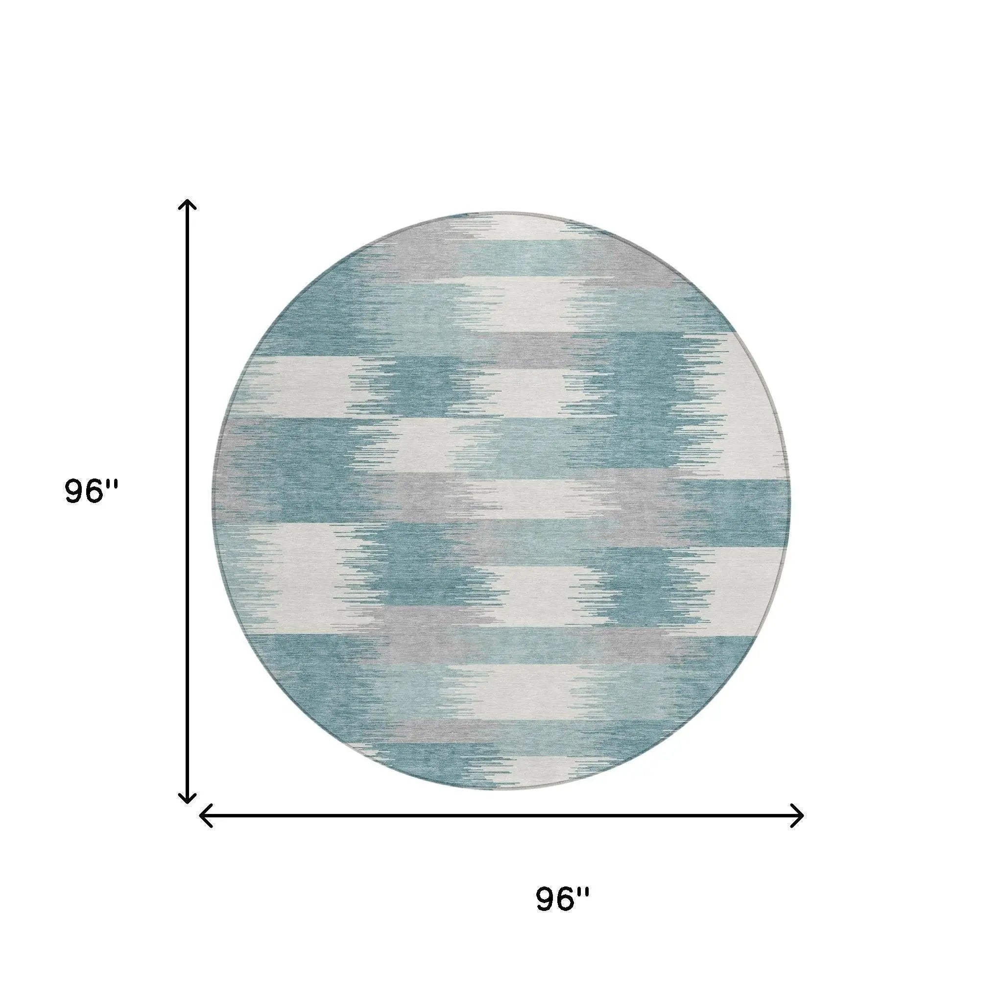 8' Teal Blue And Silver Round Geometric Washable Indoor Outdoor Area Rug Homeroots Outdoor