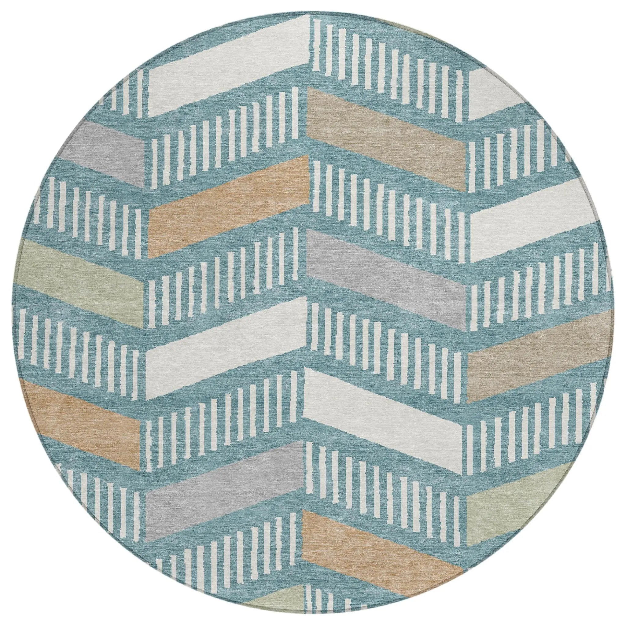 8' Teal Blue And Silver Round Geometric Washable Indoor Outdoor Area Rug Homeroots Outdoor
