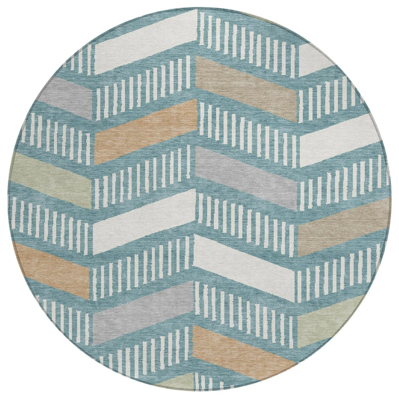 8' Teal Blue And Silver Round Geometric Washable Indoor Outdoor Area Rug Homeroots Outdoor