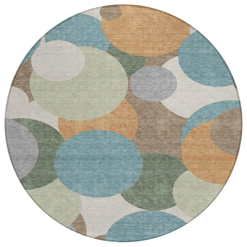 8' Teal Blue And Silver Round Geometric Washable Indoor Outdoor Area Rug Homeroots Outdoor
