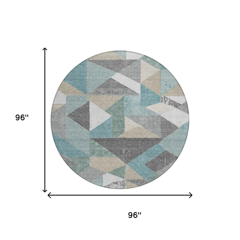 8' Teal Blue And Silver Round Geometric Washable Indoor Outdoor Area Rug Homeroots Outdoor
