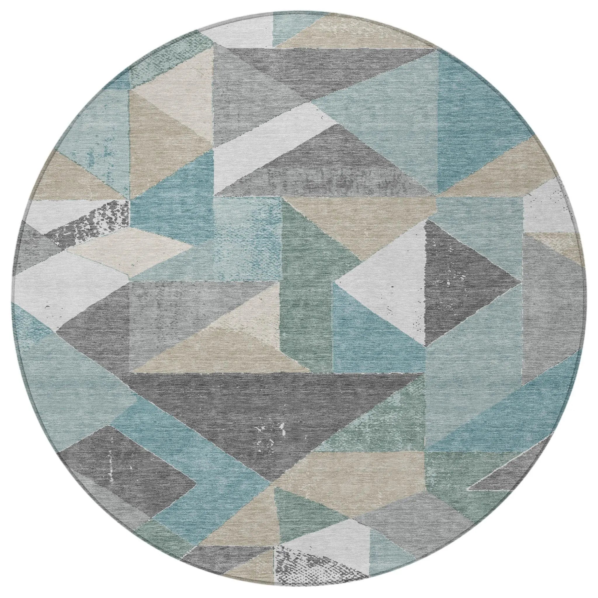 8' Teal Blue And Silver Round Geometric Washable Indoor Outdoor Area Rug Homeroots Outdoor