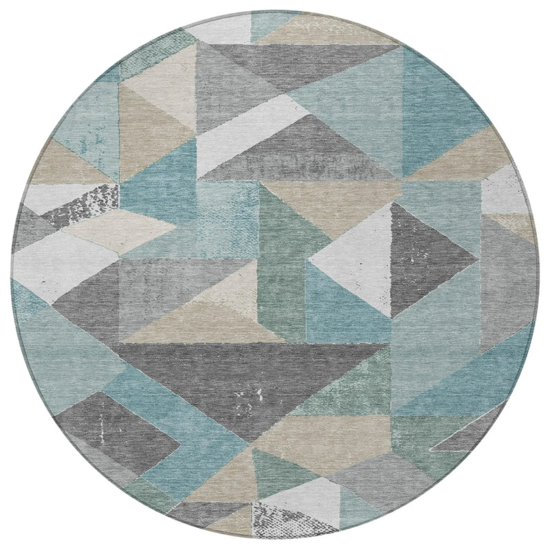 8' Teal Blue And Silver Round Geometric Washable Indoor Outdoor Area Rug Homeroots Outdoor