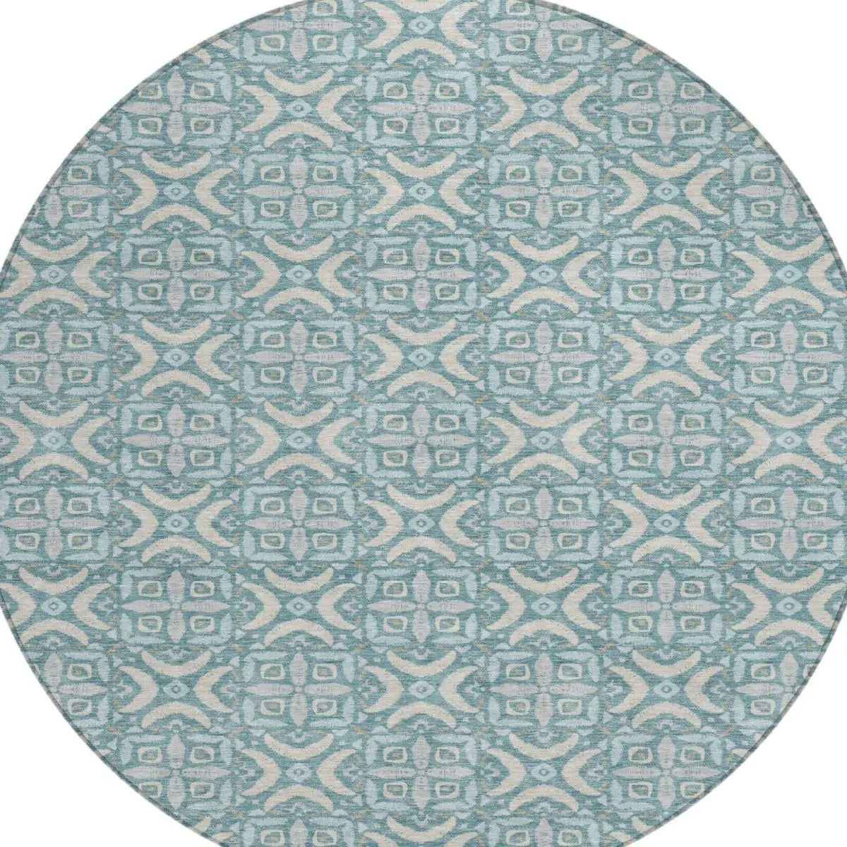 8' Teal Blue And Silver Round Geometric Washable Indoor Outdoor Area Rug Homeroots Outdoor