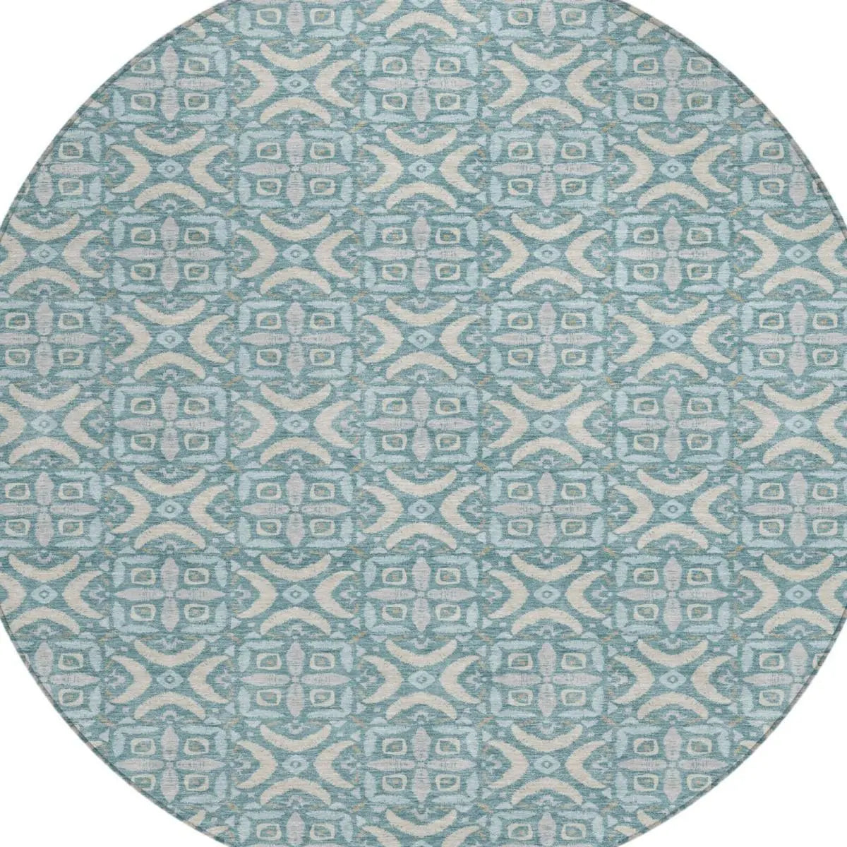 8' Teal Blue And Silver Round Geometric Washable Indoor Outdoor Area Rug Homeroots Outdoor