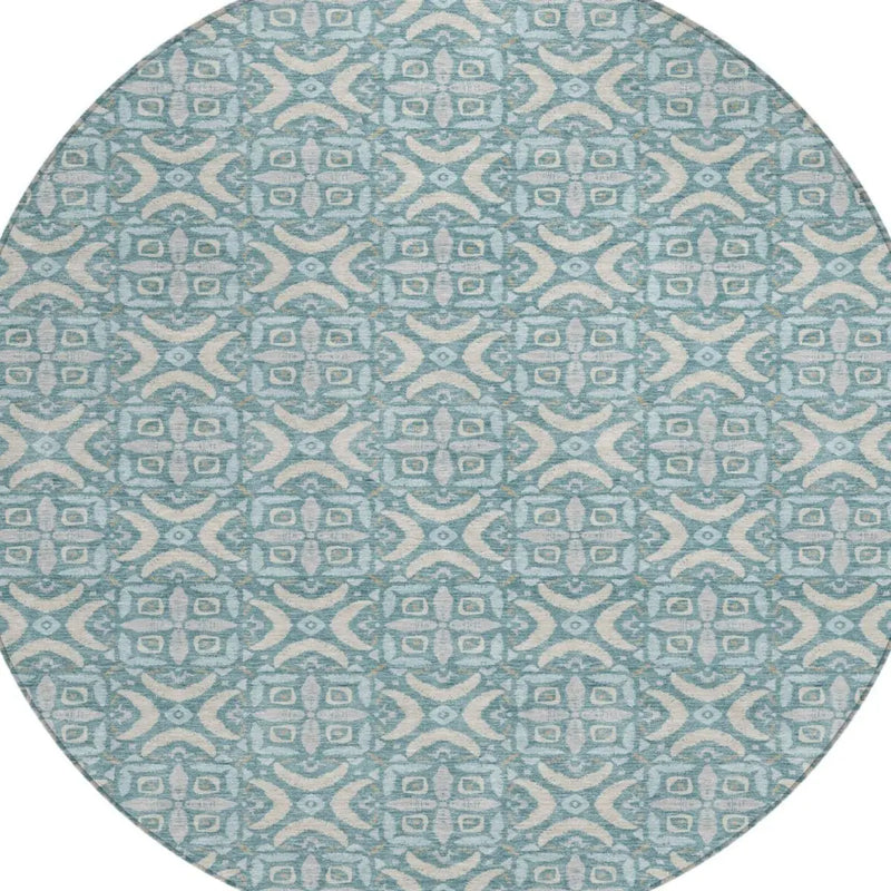8' Teal Blue And Silver Round Geometric Washable Indoor Outdoor Area Rug Homeroots Outdoor