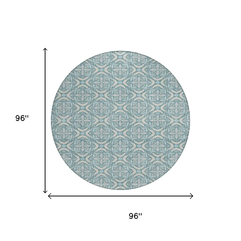 8' Teal Blue And Silver Round Geometric Washable Indoor Outdoor Area Rug Homeroots Outdoor