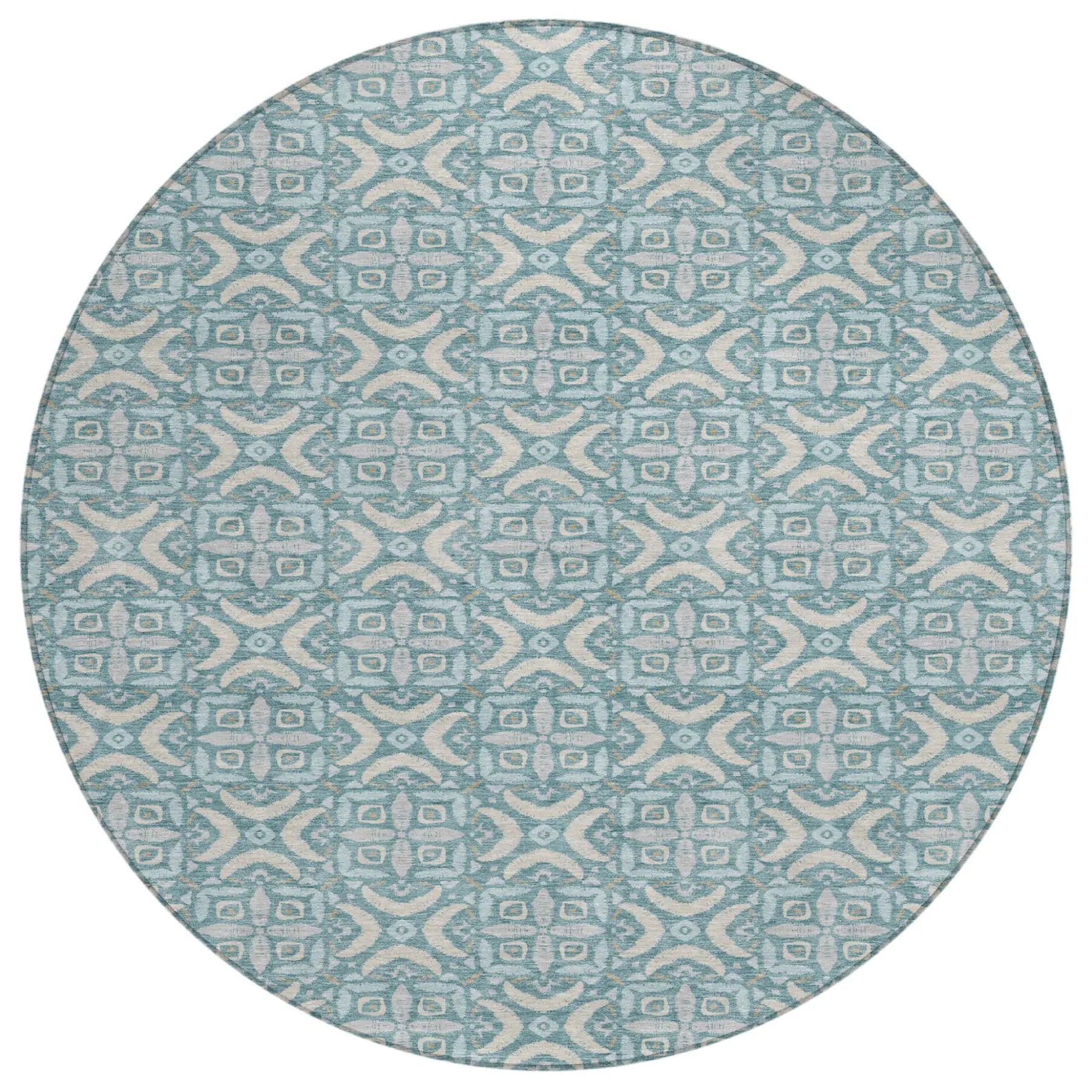 8' Teal Blue And Silver Round Geometric Washable Indoor Outdoor Area Rug Homeroots Outdoor
