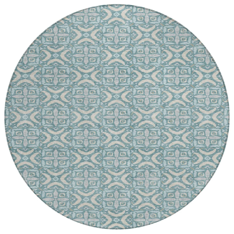 8' Teal Blue And Silver Round Geometric Washable Indoor Outdoor Area Rug Homeroots Outdoor