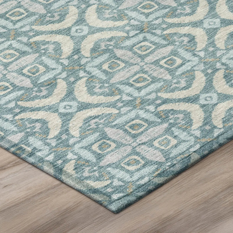 8' Teal Blue And Silver Round Geometric Washable Indoor Outdoor Area Rug Homeroots Outdoor