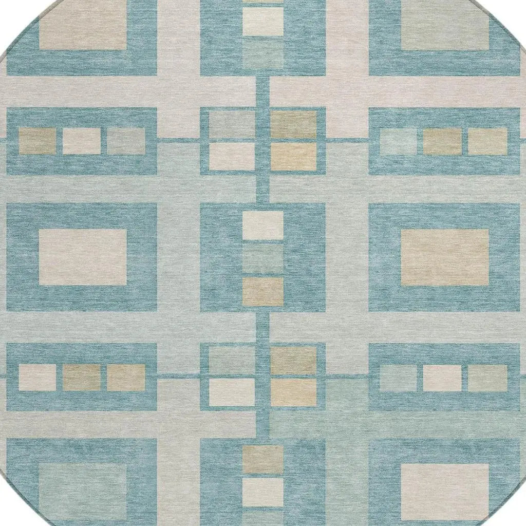 8' Teal Blue And Silver Round Geometric Washable Indoor Outdoor Area Rug Homeroots Outdoor