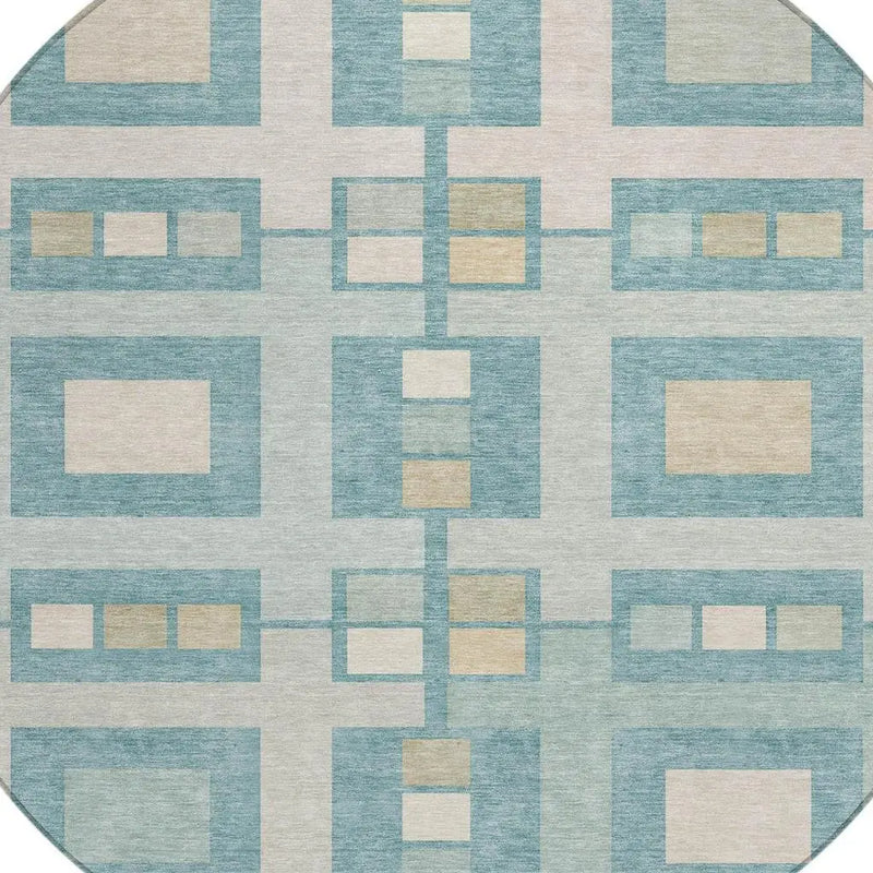 8' Teal Blue And Silver Round Geometric Washable Indoor Outdoor Area Rug Homeroots Outdoor