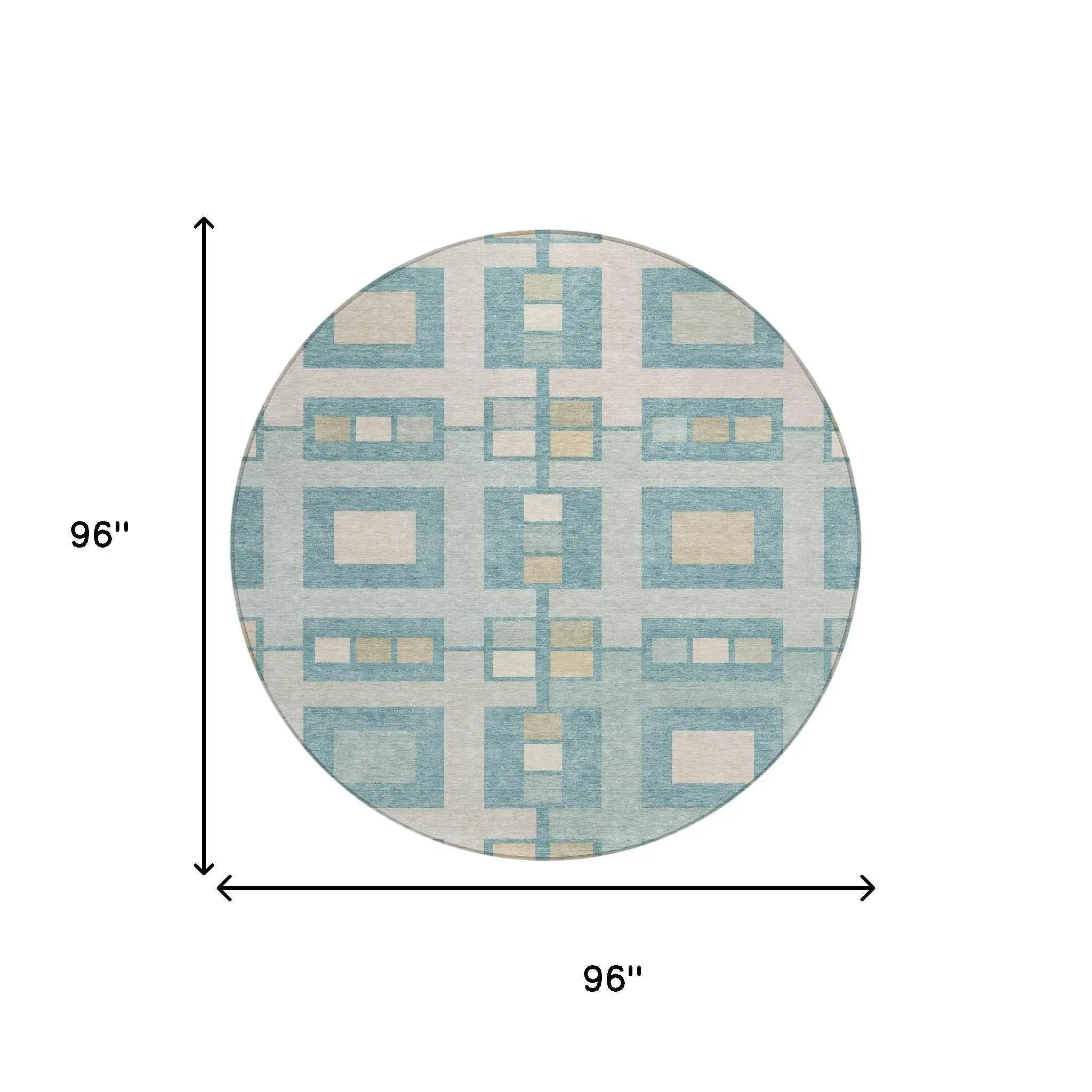 8' Teal Blue And Silver Round Geometric Washable Indoor Outdoor Area Rug Homeroots Outdoor