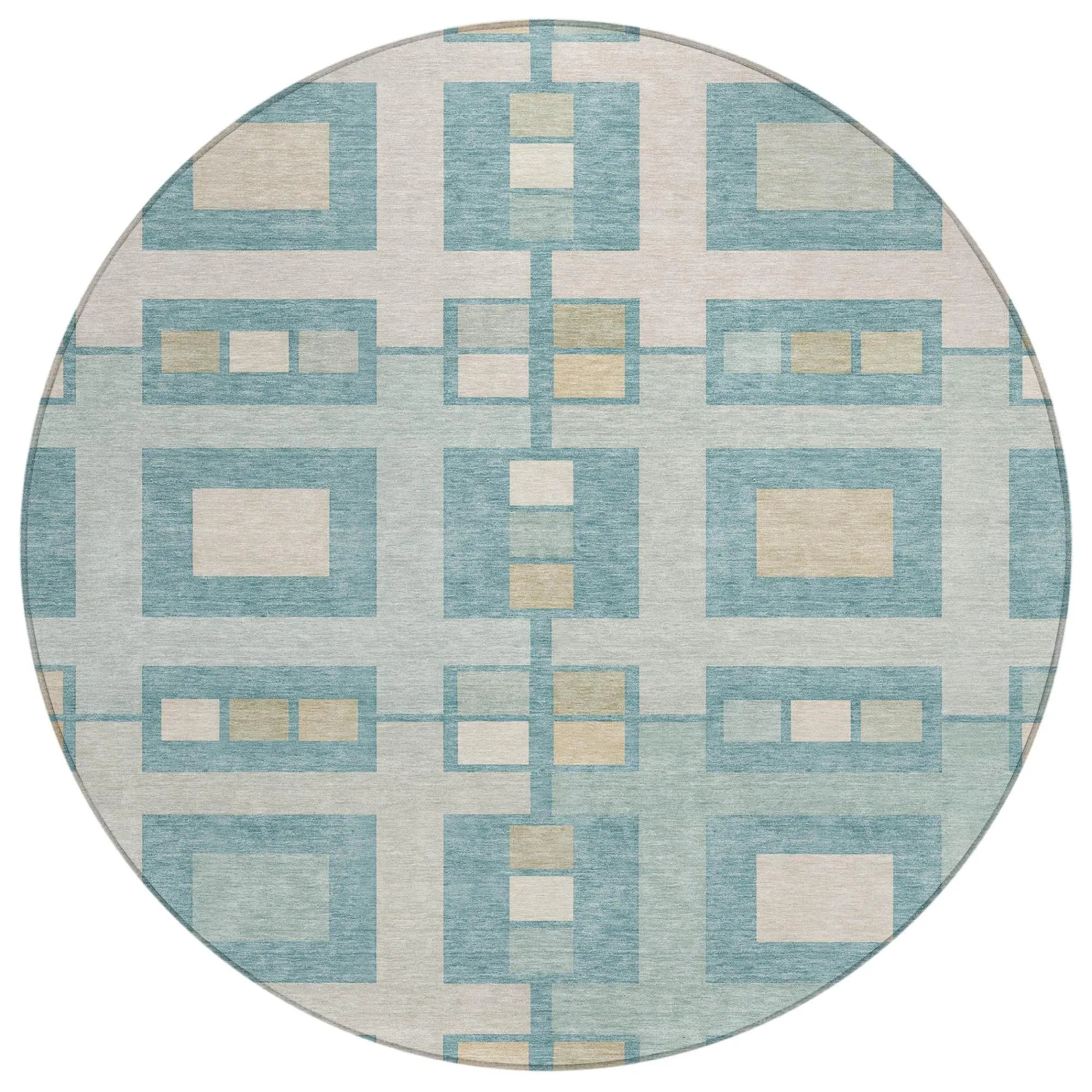 8' Teal Blue And Silver Round Geometric Washable Indoor Outdoor Area Rug Homeroots Outdoor