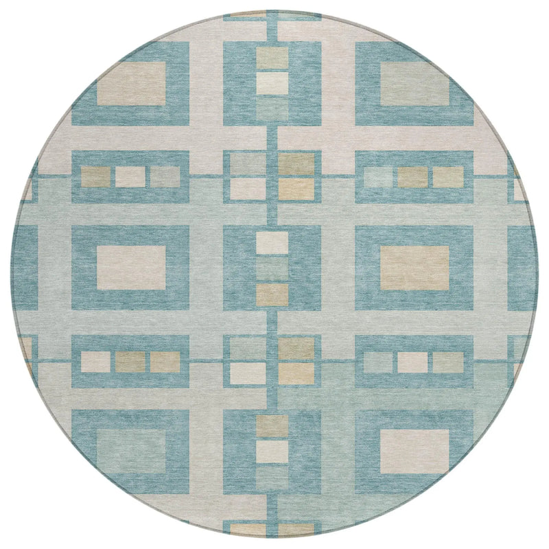 8' Teal Blue And Silver Round Geometric Washable Indoor Outdoor Area Rug Homeroots Outdoor